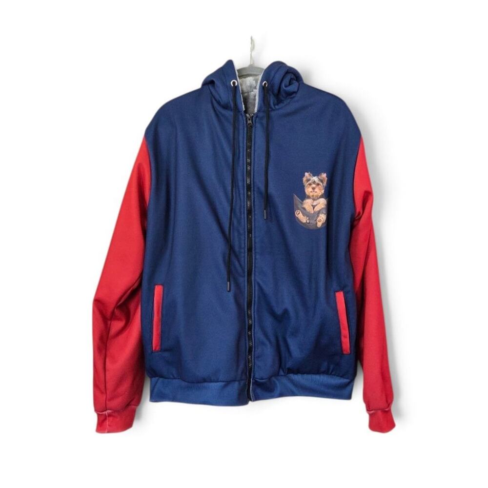 Yorkie Dog Print Sherpa Lined Full Zip Hoodie Jacket Navy Blue Red Unisex Large